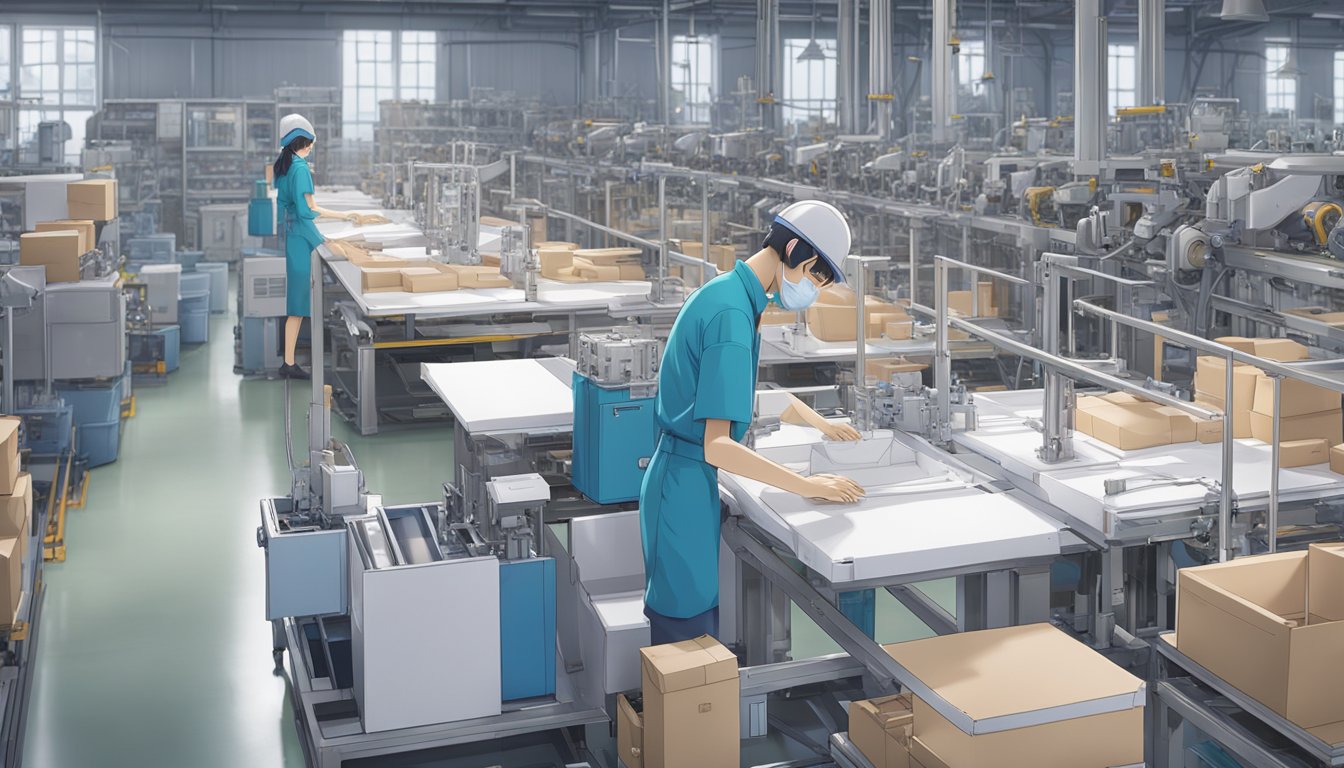 A factory floor with large machines molding silicone and TPE into lifelike sex doll parts. Workers assemble and package the finished products for shipment