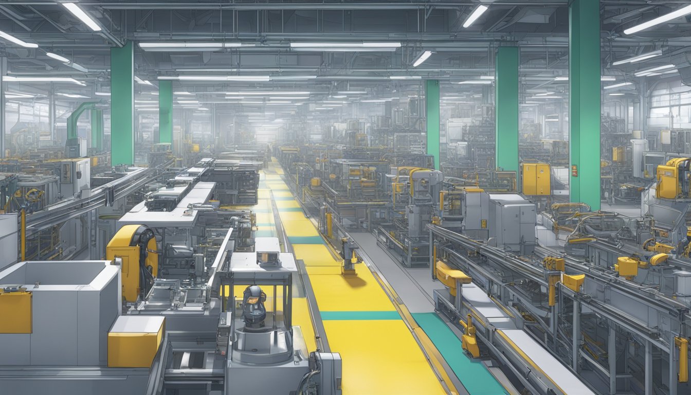 A factory floor with machines molding silicone and TPE into sex doll parts. Conveyor belts transport pieces to assembly stations