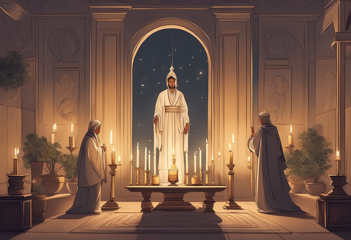 A figure stands in a peaceful, dimly lit room, surrounded by candles and incense. The atmosphere is serene, with a sense of spiritual protection and divine presence