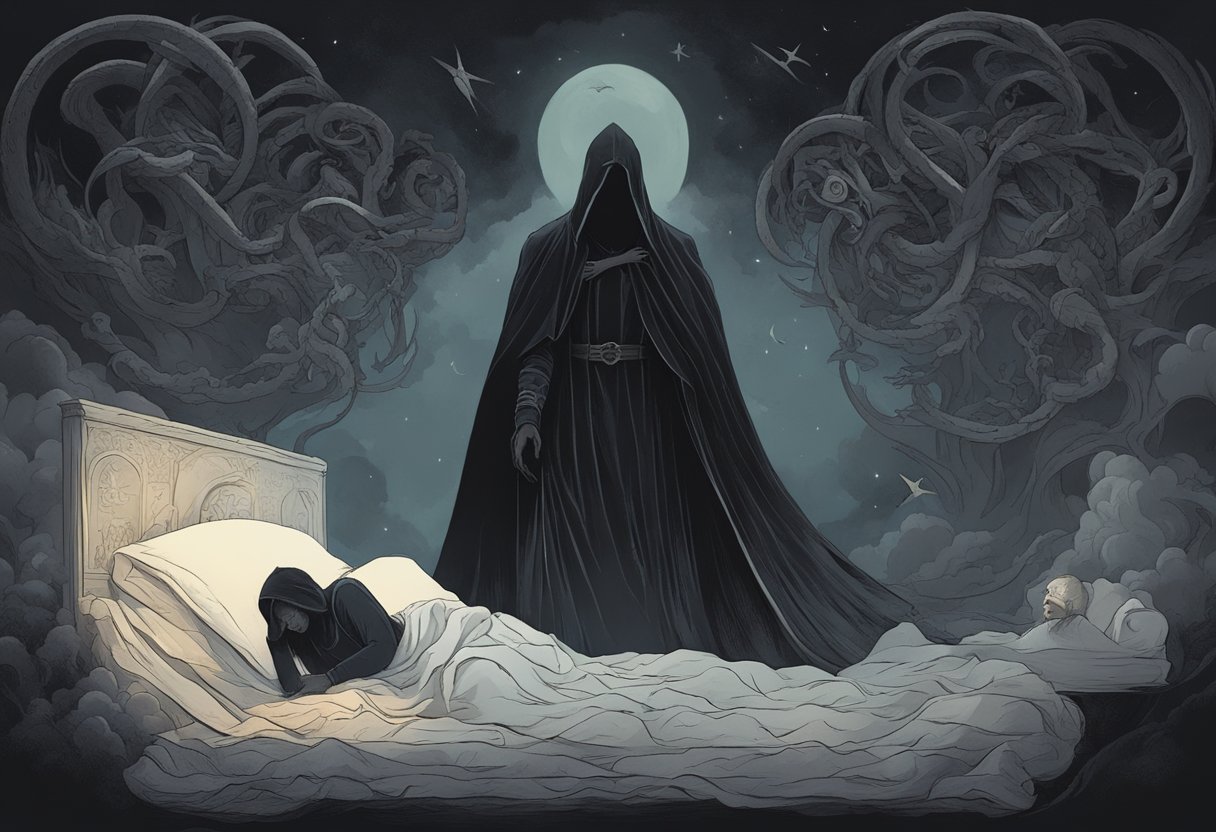 A dark figure hovers over a sleeping figure, surrounded by ominous symbols and a sense of impending doom