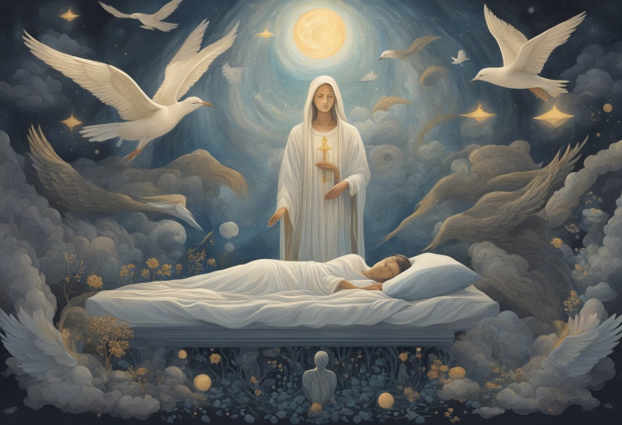 A serene, ethereal figure hovers above a sleeping figure, surrounded by symbols of life and death. The atmosphere is both peaceful and foreboding, evoking the spiritual significance of death in dreams