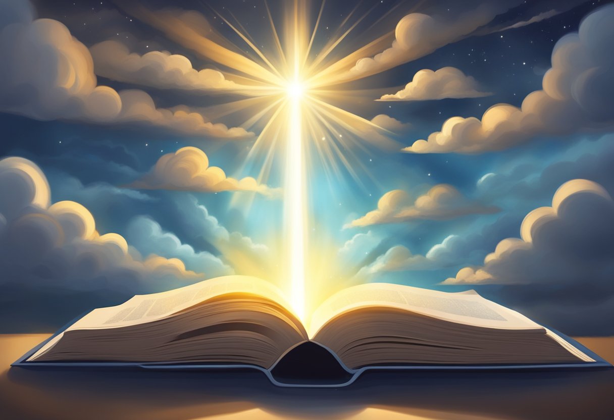 A radiant beam of light emanates from an open book, piercing through dark, swirling clouds, dispelling shadows and bringing peace