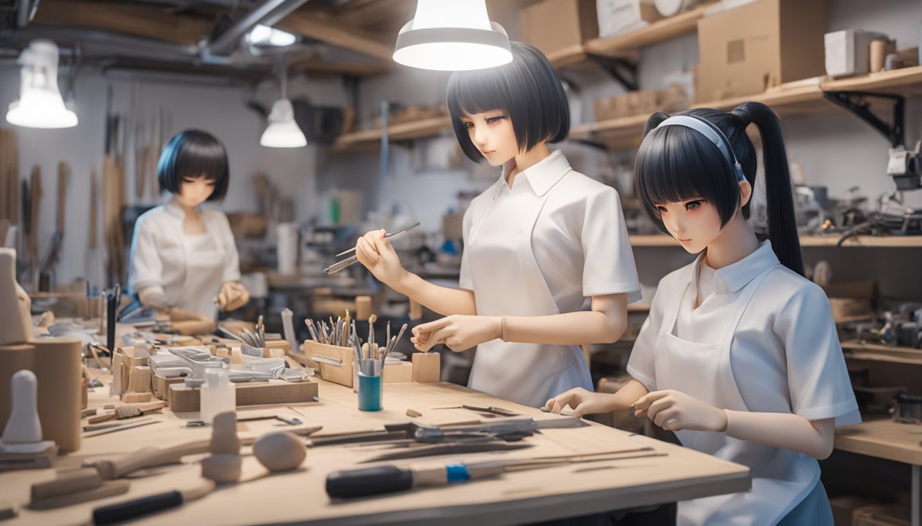 A skilled artisan meticulously sculpts a lifelike sex doll, carefully crafting each feature with precision and detail. The workshop is filled with tools and materials, showcasing the artistry behind creating custom sex dolls