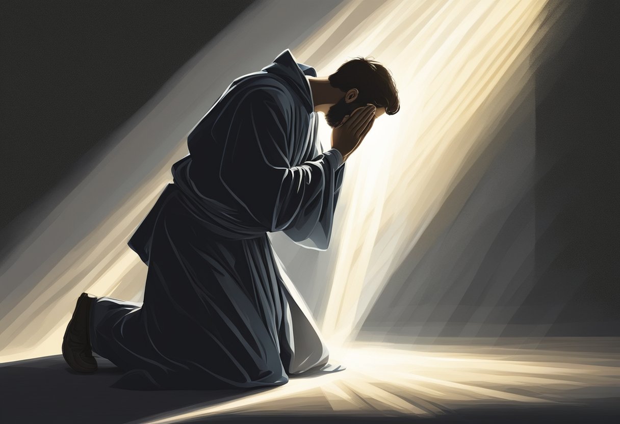 A figure kneels in prayer, surrounded by light and shadows. A beam of light pierces the darkness, dispelling fear and death