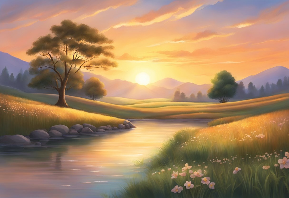 A serene sunset over a peaceful landscape, with a warm glow and a sense of tranquility, symbolizing a blessing prayer for a husband