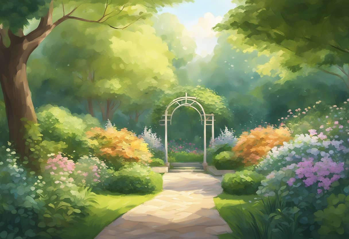A serene garden with a gentle breeze, sunlight filtering through lush foliage, and a sense of peace and tranquility in the air