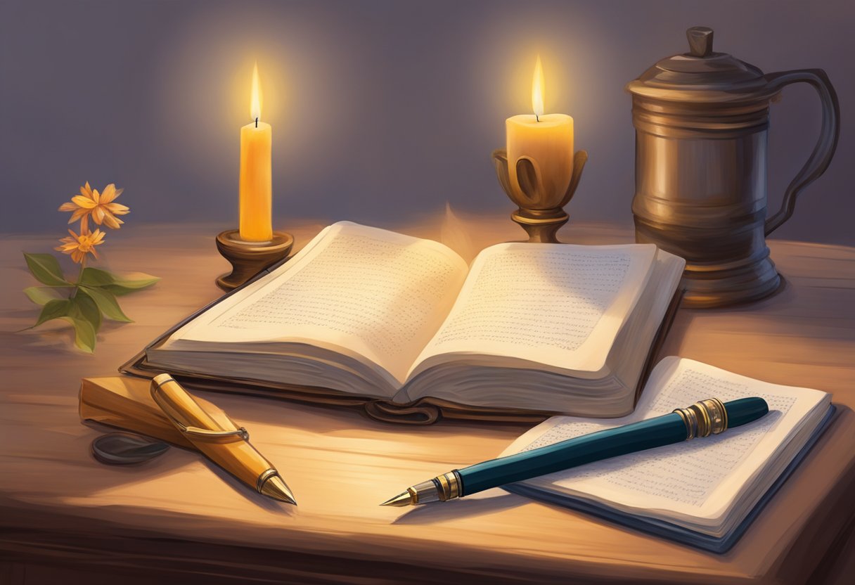 A serene setting with a candlelit table, a journal, and a pen. A warm glow emanates from the candle as the pen hovers over the blank page, ready to craft a personal blessing prayer for a husband