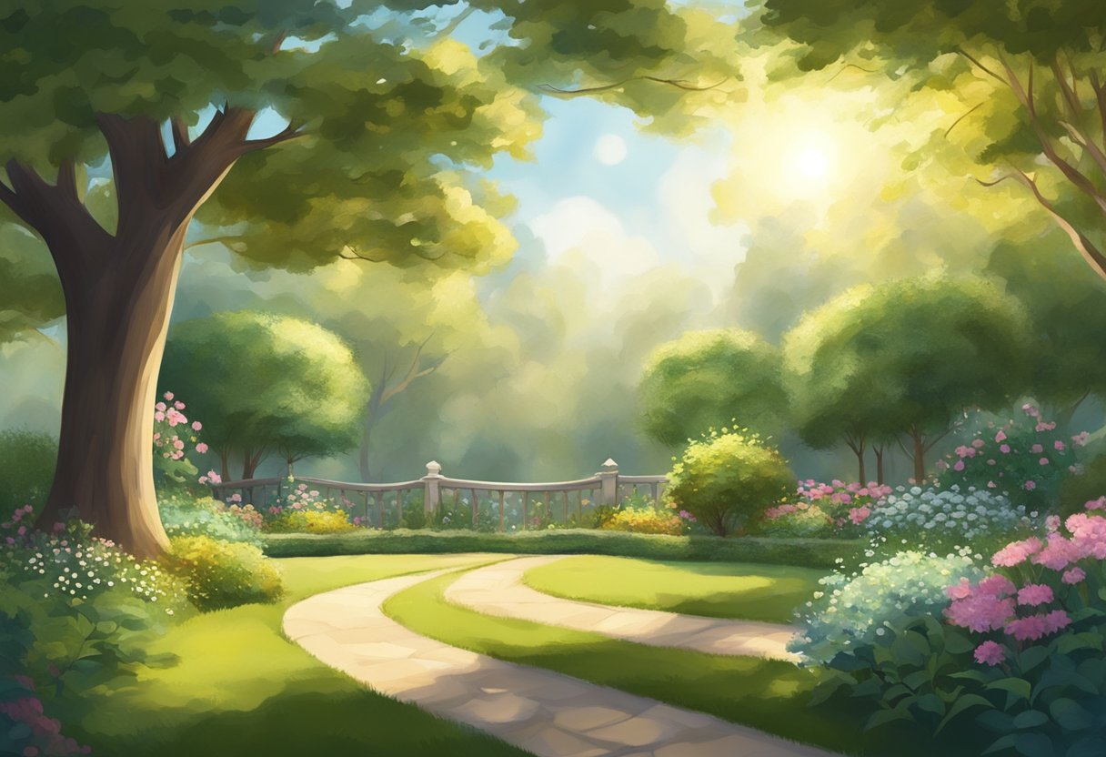 A peaceful garden with a gentle breeze, sunlight streaming through the trees, and a serene atmosphere