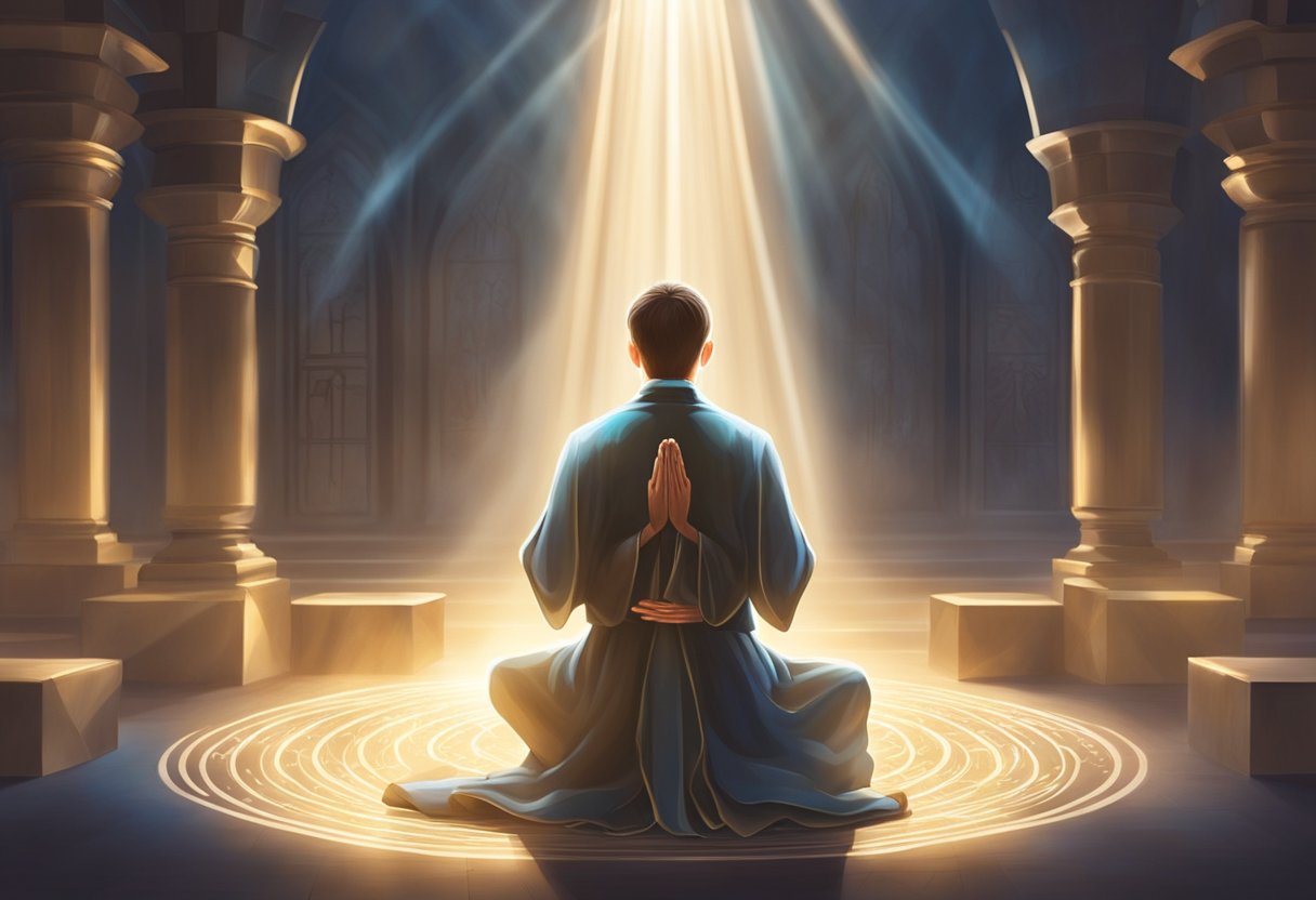 A figure kneels in prayer, surrounded by symbols of strength and support. Rays of light shine down, representing the blessings received through prayer