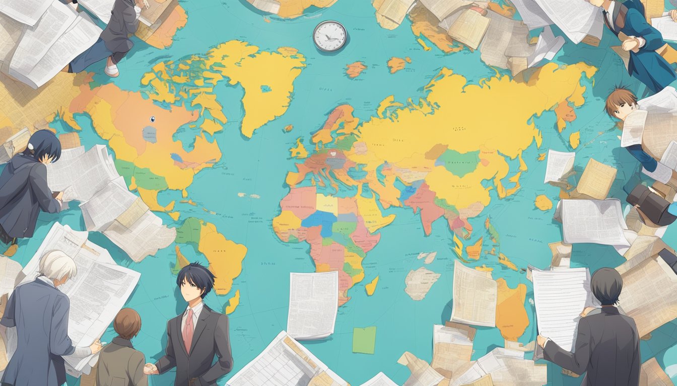 A collection of legal documents from different countries regarding sex dolls, arranged in a circle with a world map in the background