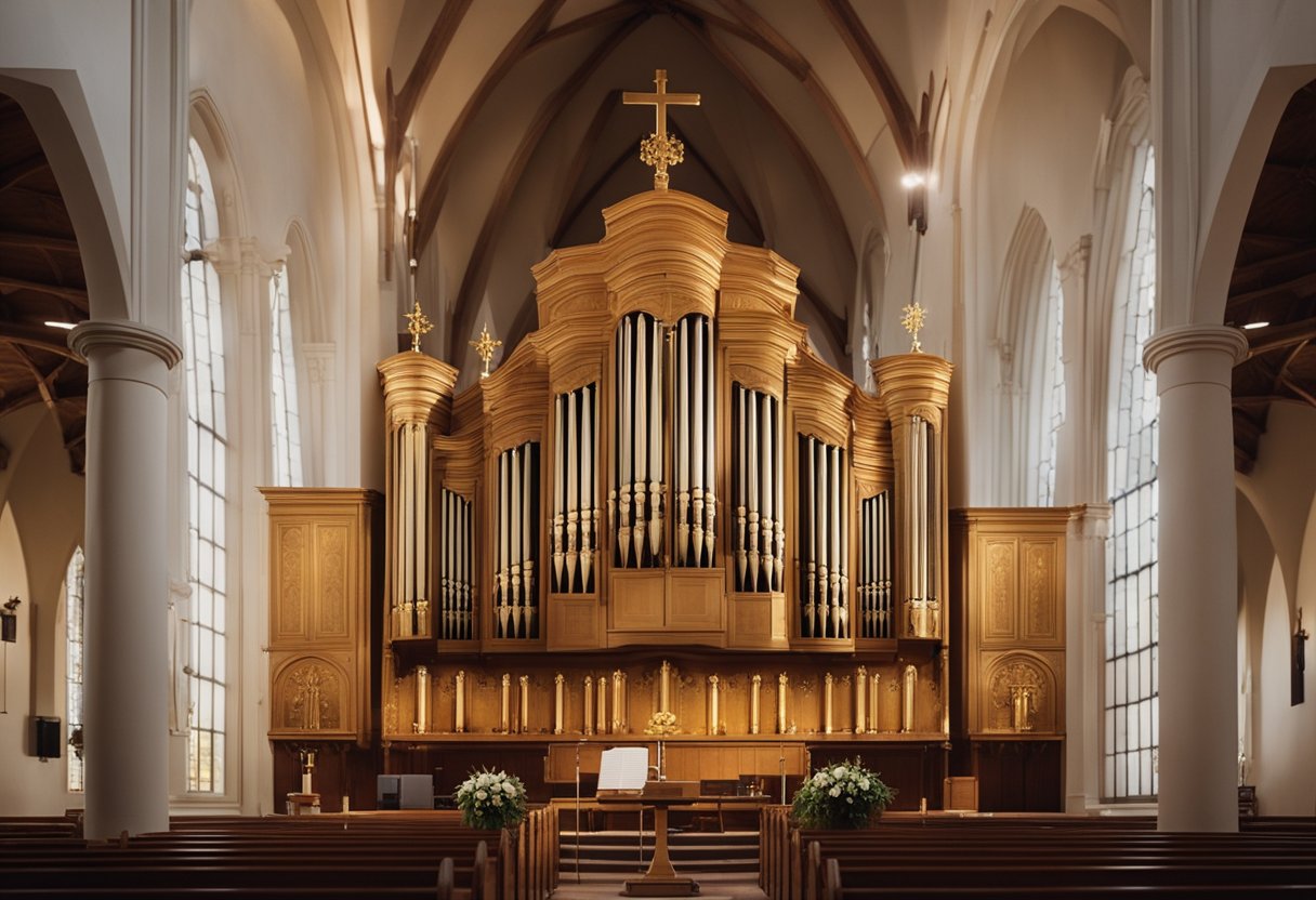 The church is filled with soft golden light as the organ plays a majestic melody, filling the air with a sense of joy and reverence