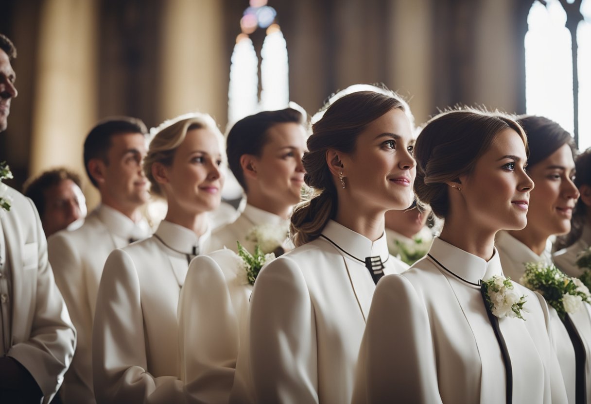 A church choir sings traditional hymns during a wedding ceremony, symbolizing the historical significance of church music in weddings
