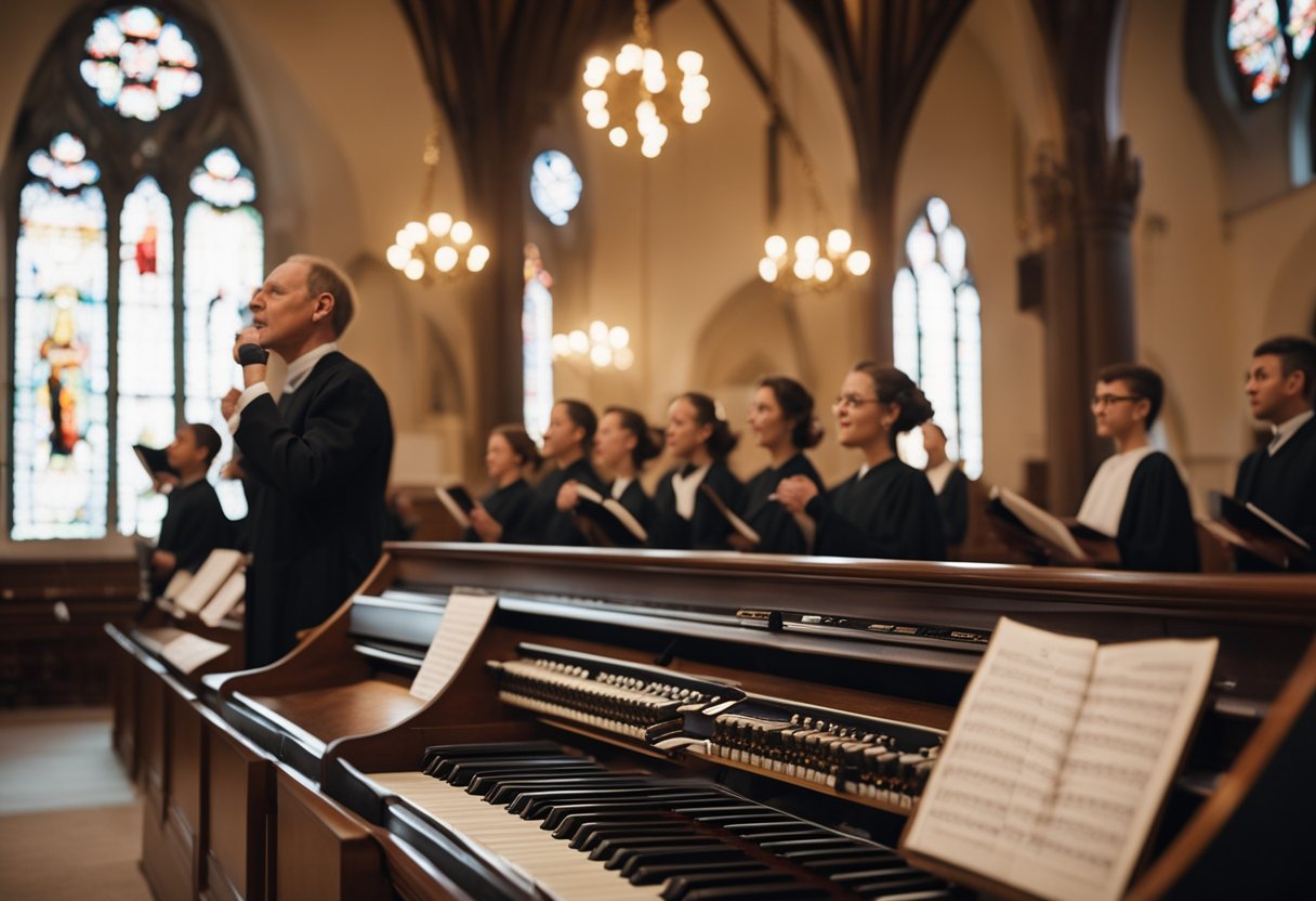 A church choir sings hymns as the organ plays, filling the air with traditional wedding music
