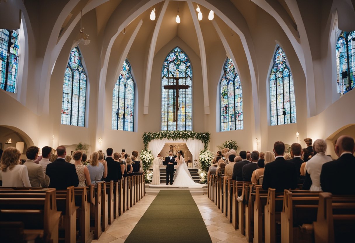 A bride and groom stand at the altar, surrounded by a choir singing joyful contemporary Christian music. The church is filled with the uplifting sounds of praise and worship, creating a beautiful atmosphere for the wedding ceremony