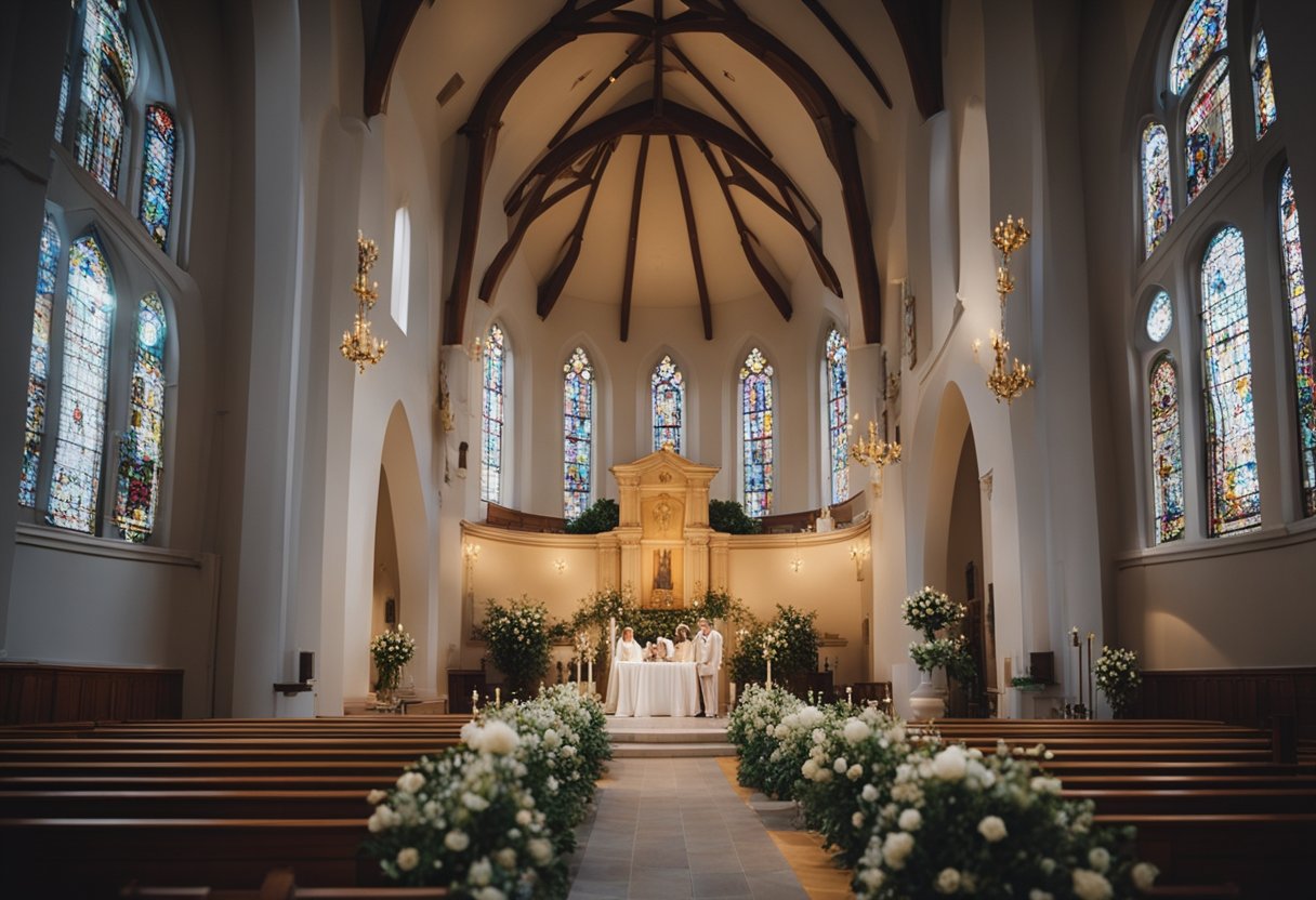 A church adorned with seasonal flowers, as the sound of classical music fills the air, setting the scene for a beautiful wedding ceremony