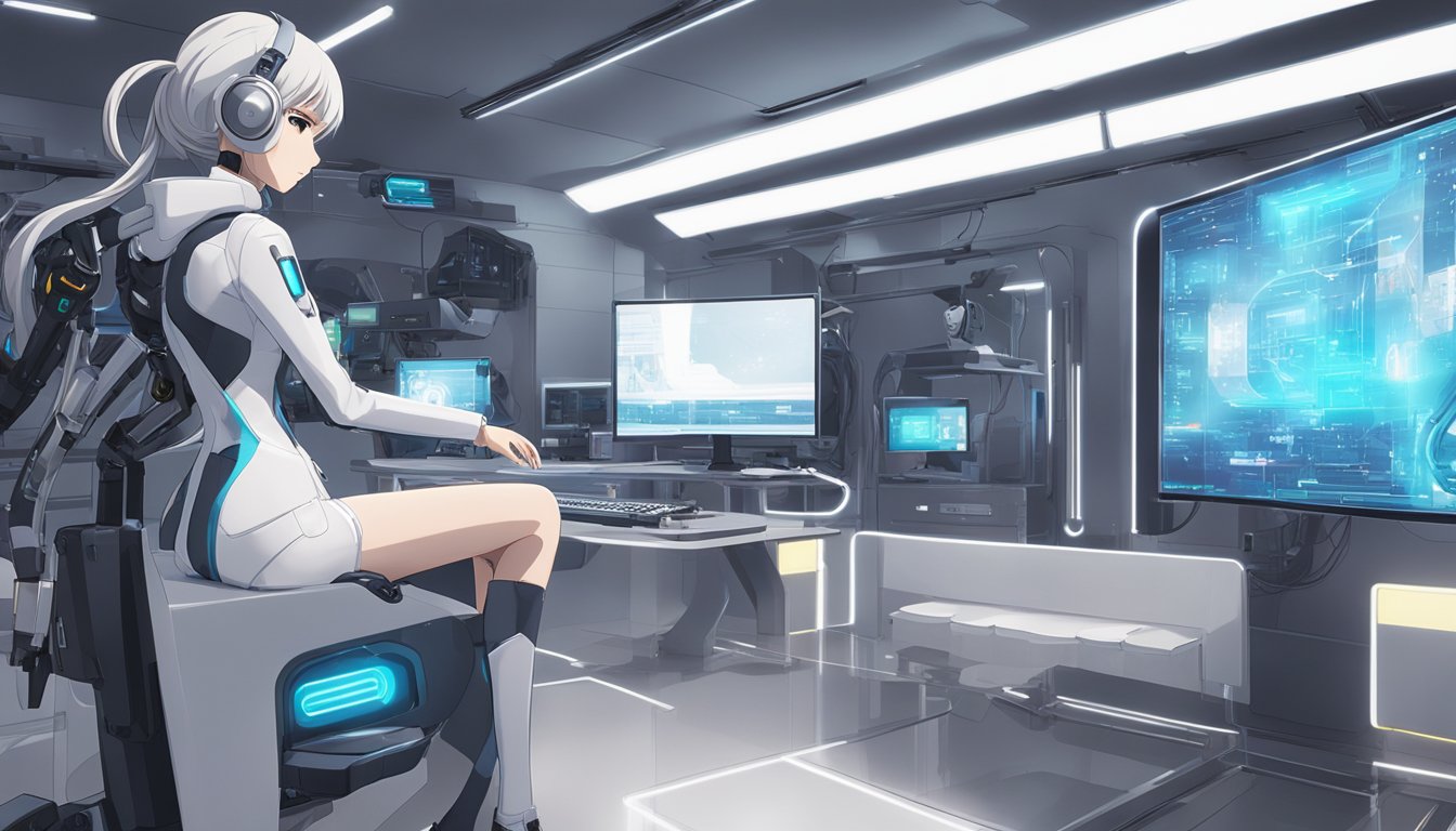 A sleek and modern sex doll stands in a clean, futuristic room, surrounded by advanced technological equipment. The doll's design exudes a sense of sophistication and functionality, showcasing the integration of technology in robotic intimacy