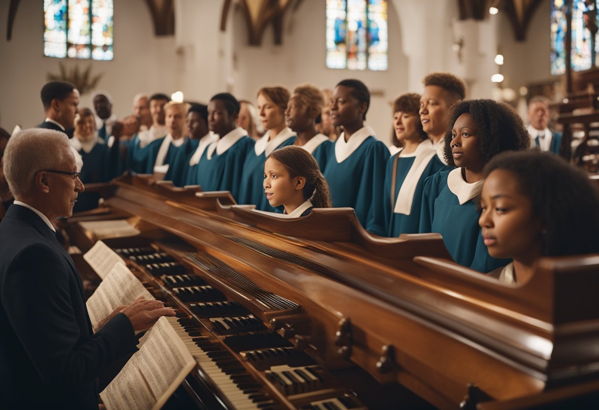 A church choir sings traditional hymns, accompanied by an organ. A diverse group of musicians play instruments from various cultural backgrounds
