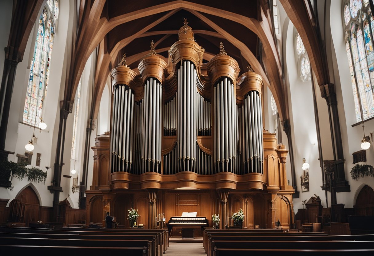A grand pipe organ fills the church with majestic music, while a string quartet adds a touch of elegance to the atmosphere