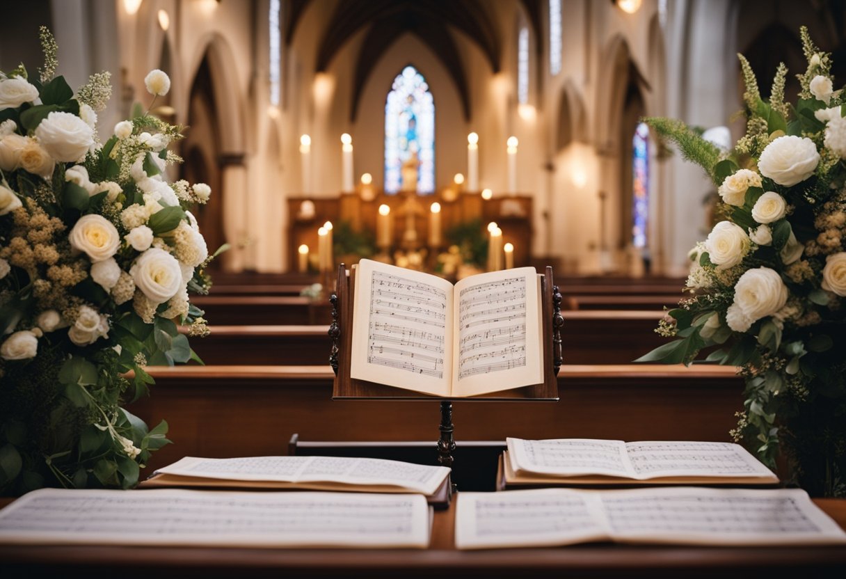 A church altar with a music stand and sheet music, surrounded by elegant floral arrangements and soft candlelight
