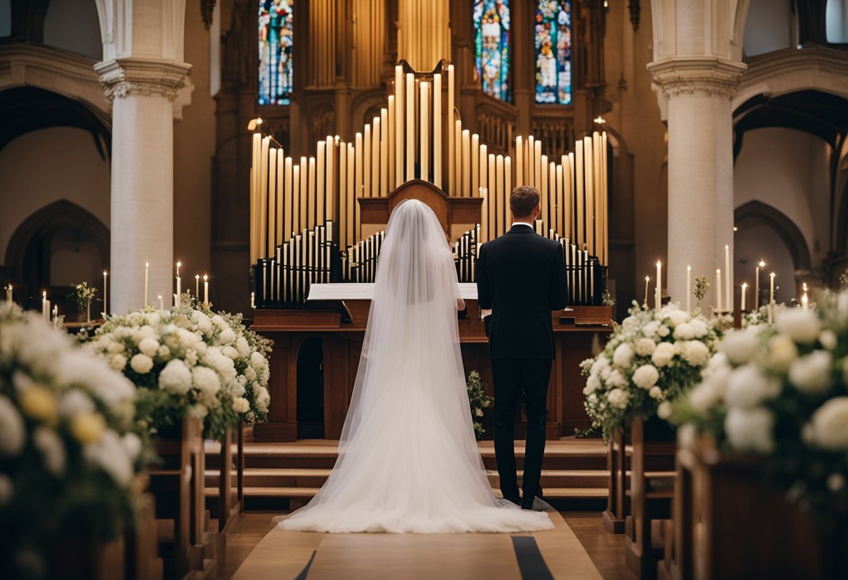 A couple stands at the altar, surrounded by elegant floral arrangements. A choir sings hymns while an organ plays classical music, filling the church with a beautiful and romantic atmosphere