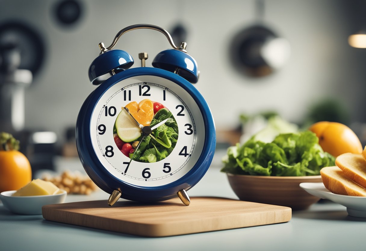 A clock showing different time intervals, a plate with healthy food, and a person engaging in physical activity