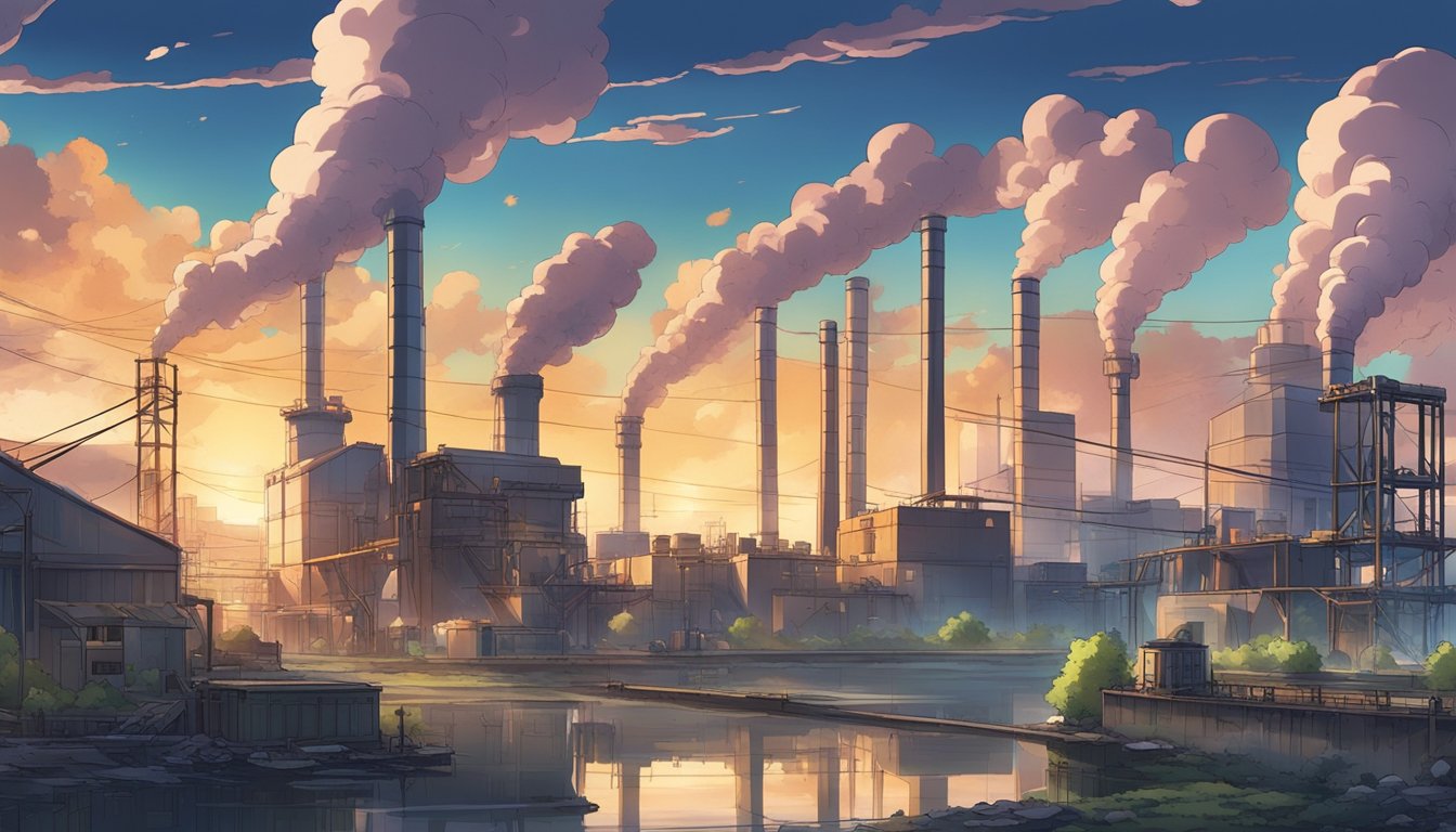 A factory with smokestacks emitting pollutants into the air, while waste from sex toy production and disposal pollutes nearby waterways