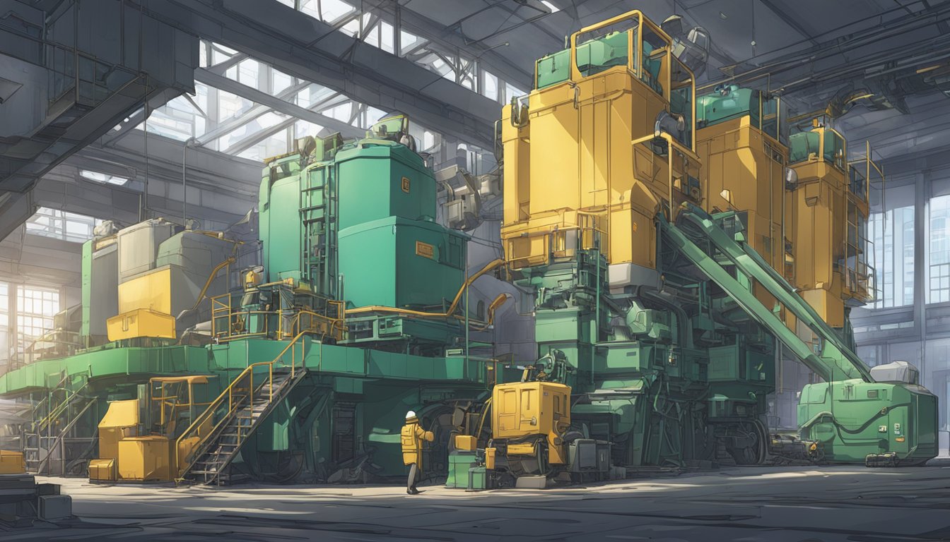 Machinery and waste management systems in a factory, with emphasis on reducing environmental impact