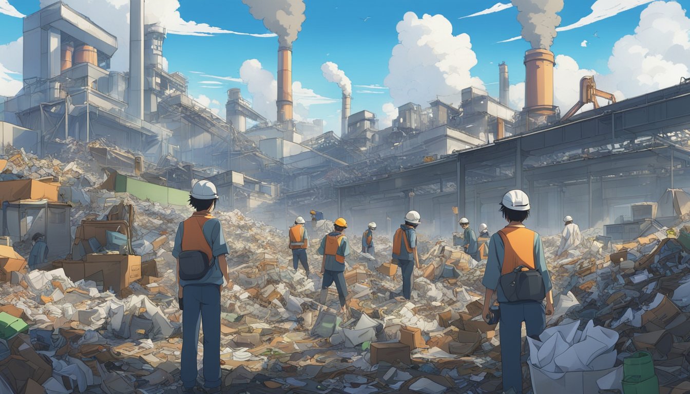 A factory emitting pollution while workers sort through piles of waste, with a landfill in the background