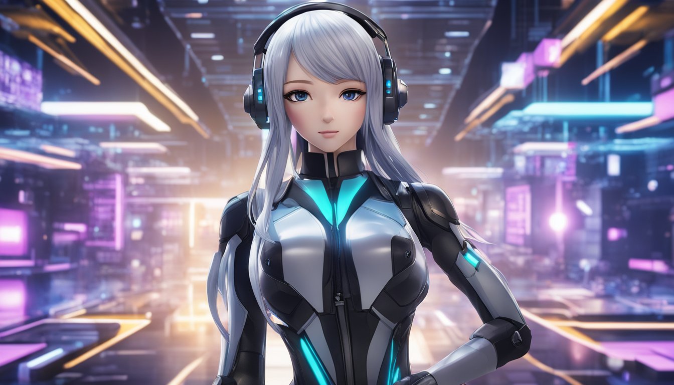 A sleek, modern sex doll stands against a backdrop of futuristic technology, showcasing customizable features and cutting-edge design