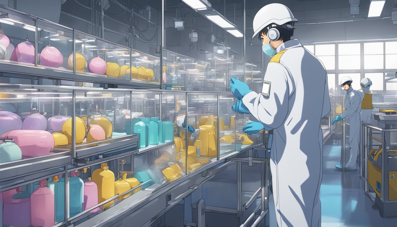 A worker in protective gear inspects a clean, well-lit sex doll manufacturing facility, with safety signs and equipment prominently displayed