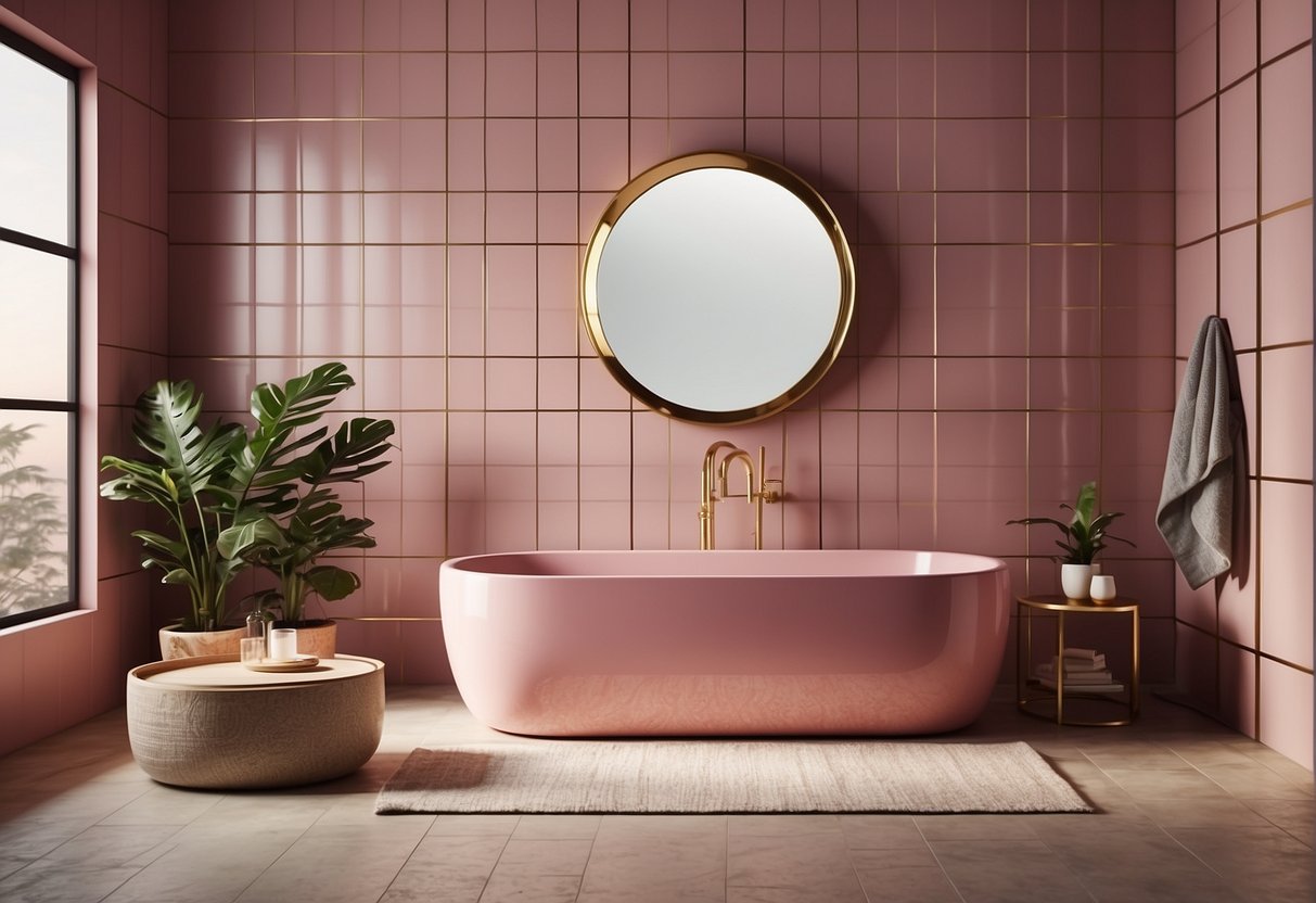 A modern pink bathroom with geometric tiles, a freestanding tub, brass fixtures, and a large round mirror