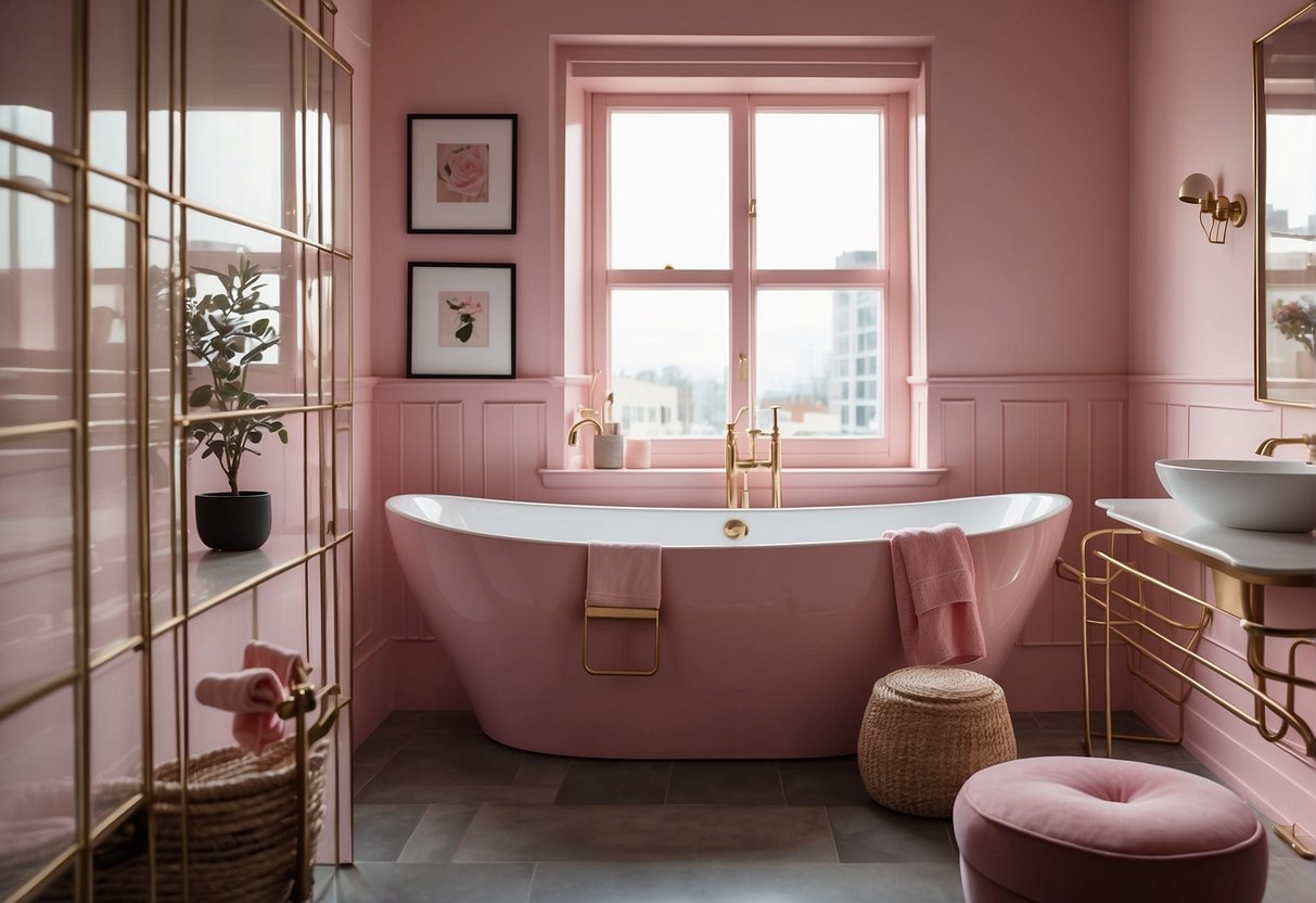 A pink bathroom with modern fixtures and hardware, including a sleek pink bathtub, a stylish pink sink, and matching pink towel racks