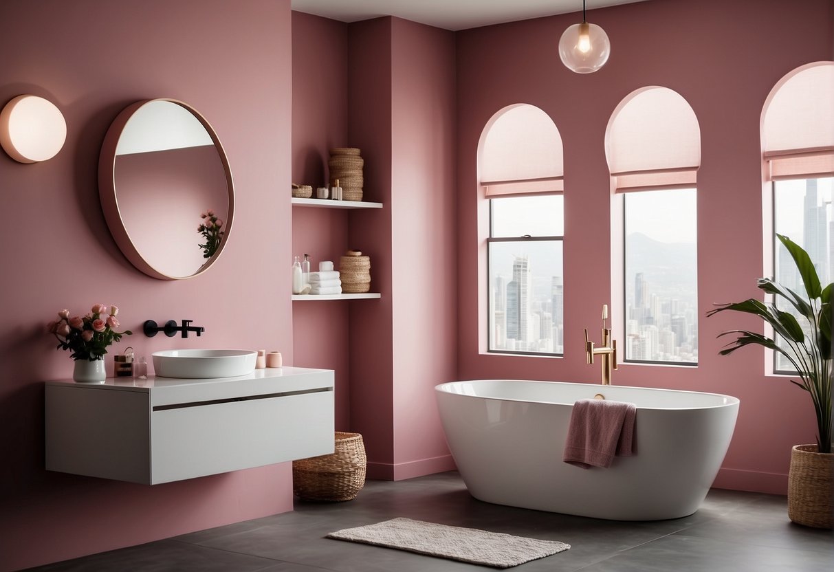 A modern bathroom with pink walls and floors, featuring sleek fixtures and minimalist decor