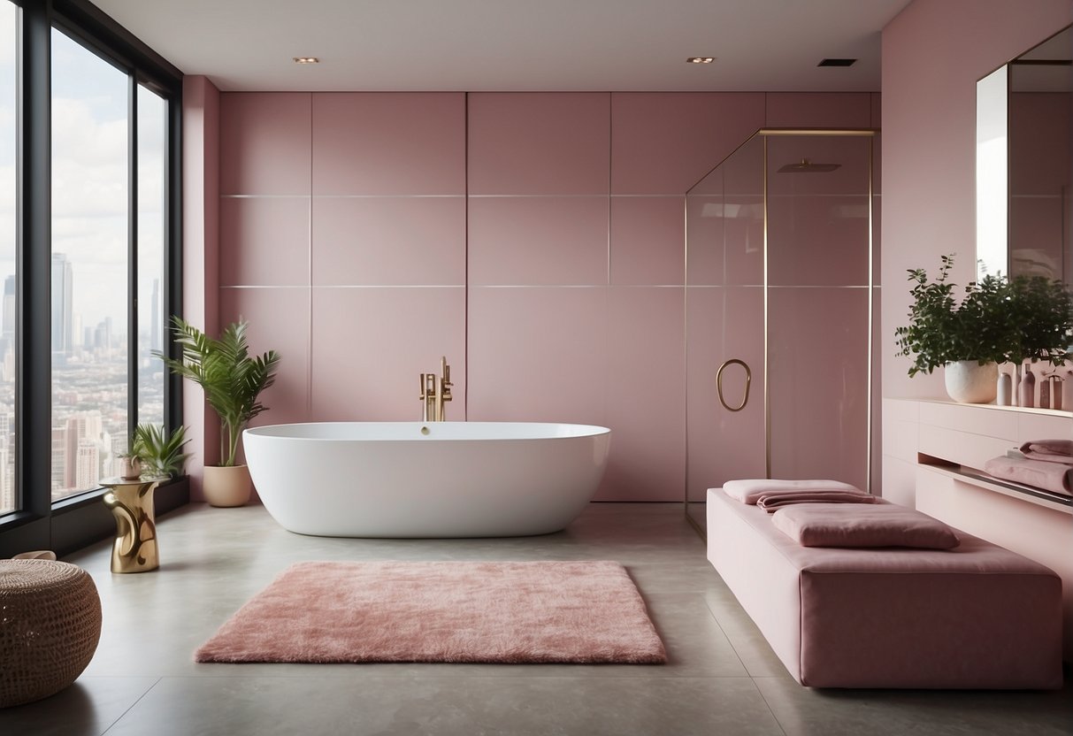 A spacious, modern bathroom with pink accents and sleek layout