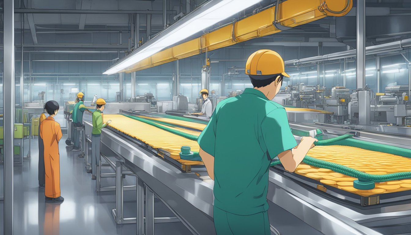 A conveyor belt moves finished silicone and TPE products through a factory. Quality control inspectors examine items for durability and real-world performance