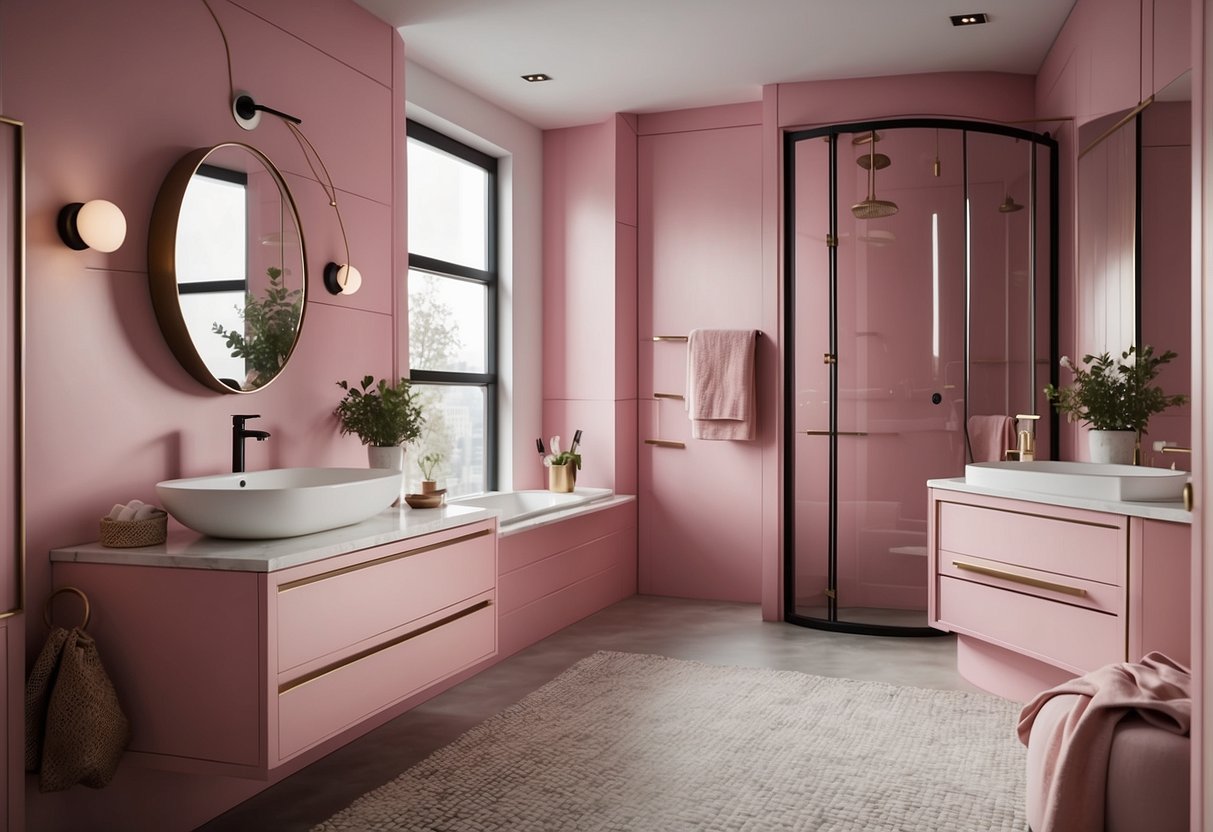 A modern bathroom with pink accents, featuring organized storage solutions and trendy decor