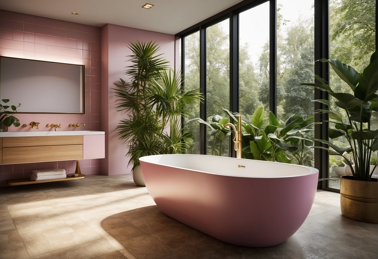 A modern bathroom with pink tiles, gold accents, and lush green plants. A freestanding bathtub sits next to a large window, with a sleek vanity and mirror on the opposite wall