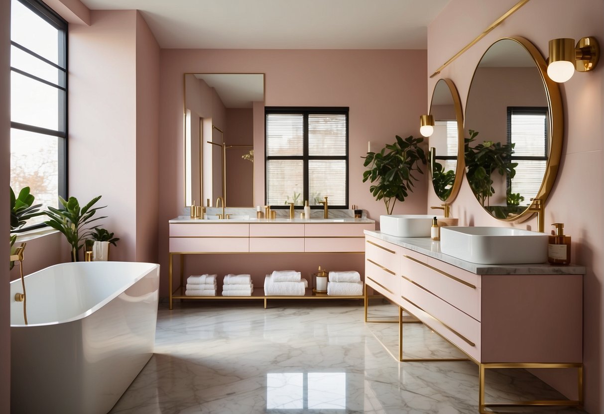 A sleek, modern bathroom with soft pink walls, marble countertops, and gold fixtures. A large mirror and plenty of storage create a functional and stylish space