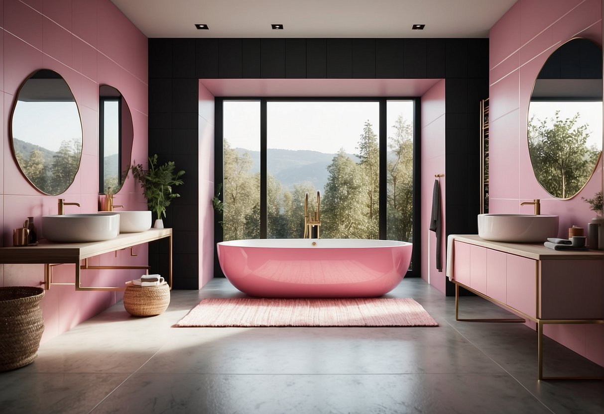 A modern bathroom with pink accents, sleek fixtures, and geometric tiles. A freestanding bathtub and a large vanity with a round mirror complete the trendy design