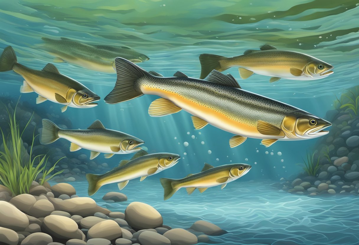 Steelhead fish swimming upstream to spawn in freshwater rivers. Juveniles hatching from eggs in gravel beds. Adults migrating to the ocean and back