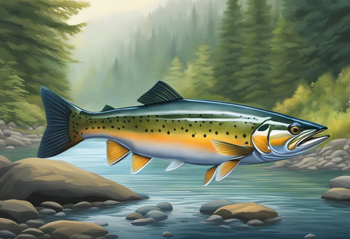 Steelhead fish swimming in clear, cold waters of Pacific Northwest rivers, surrounded by rocky riverbed and lush greenery