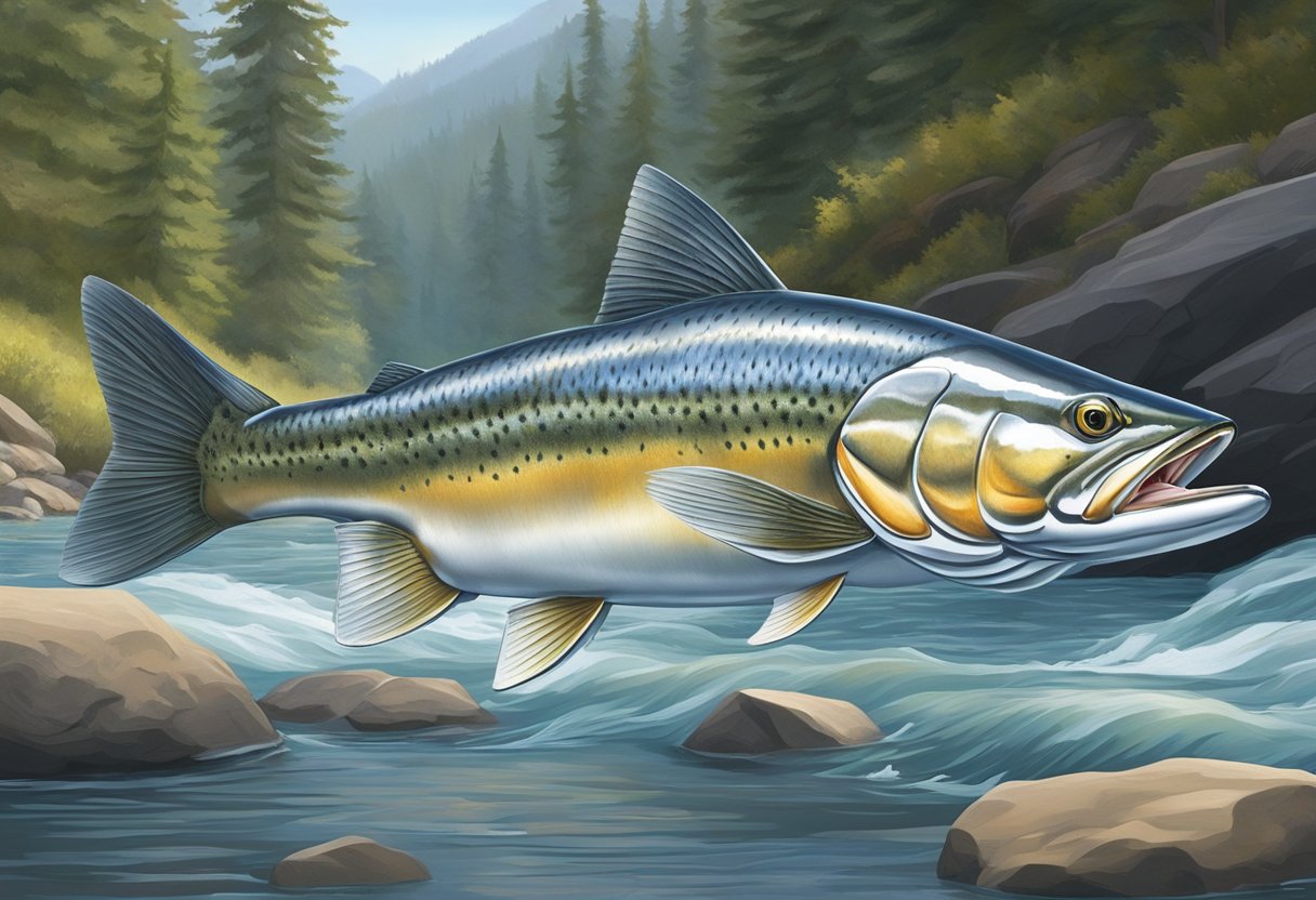 A steelhead fish swims swiftly through the clear, rushing waters of a river, its sleek silver body glinting in the sunlight as it evades the sharp teeth of a lurking predator