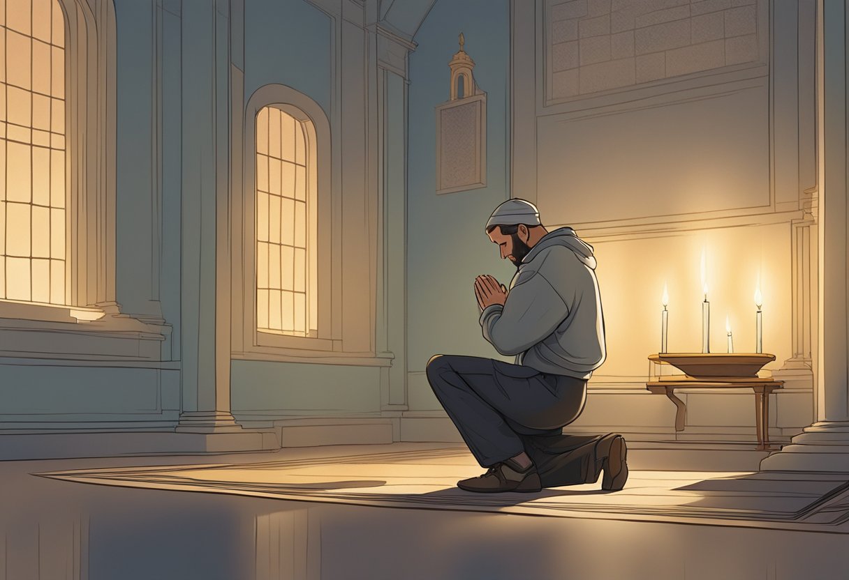 A figure kneels in a serene, candlelit room, head bowed in prayer. A sense of urgency and determination fills the air as the figure fervently recites words of protection and peace