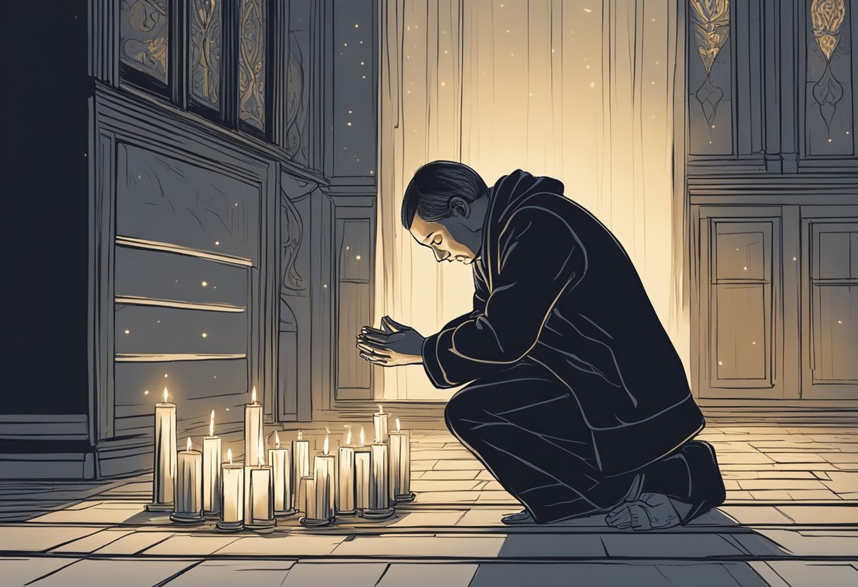 A figure kneels in a dimly lit room, surrounded by flickering candles, with hands clasped in prayer. A sense of urgency and fear permeates the atmosphere