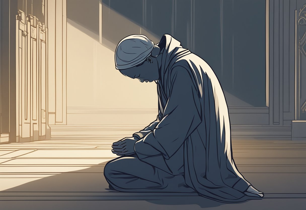 A figure kneels in a dimly lit room, head bowed in prayer. A faint glow surrounds them as they recite words of protection and peace