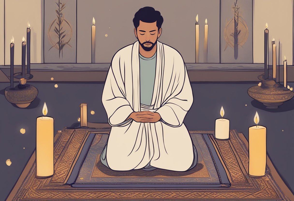 A person kneeling on a prayer mat, surrounded by candles and incense, with a serene expression on their face as they recite prayers to cancel dreams of untimely death