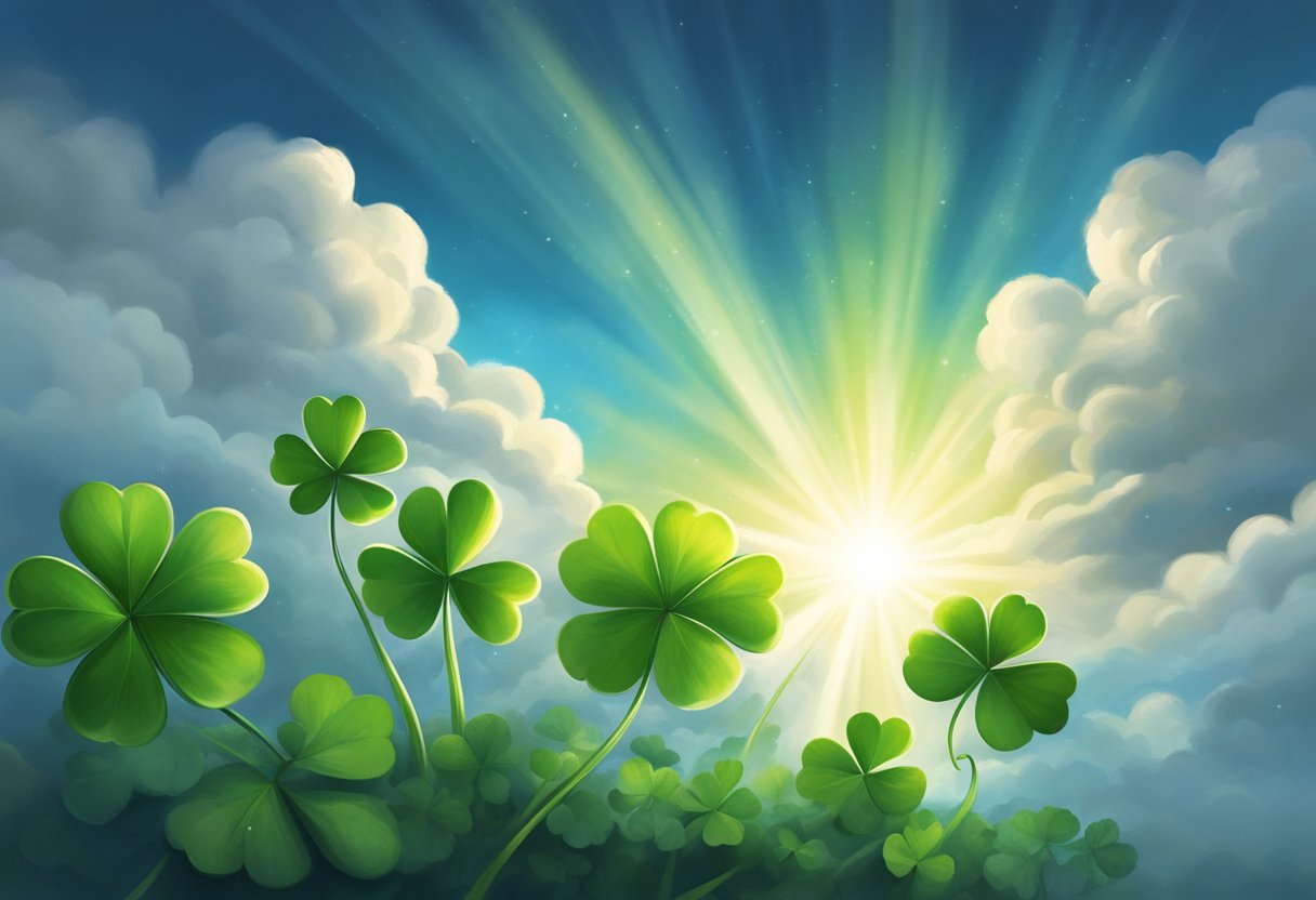 A beam of light breaks through dark clouds, illuminating a cluster of four-leaf clovers. A gust of wind blows away black clouds, revealing a clear blue sky