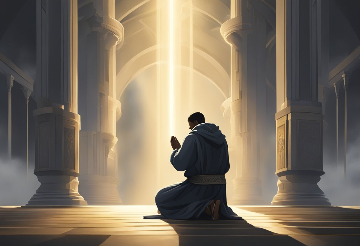 A dark cloud hovers over a person, while a figure kneels in prayer, surrounded by beams of light dispelling the bad luck