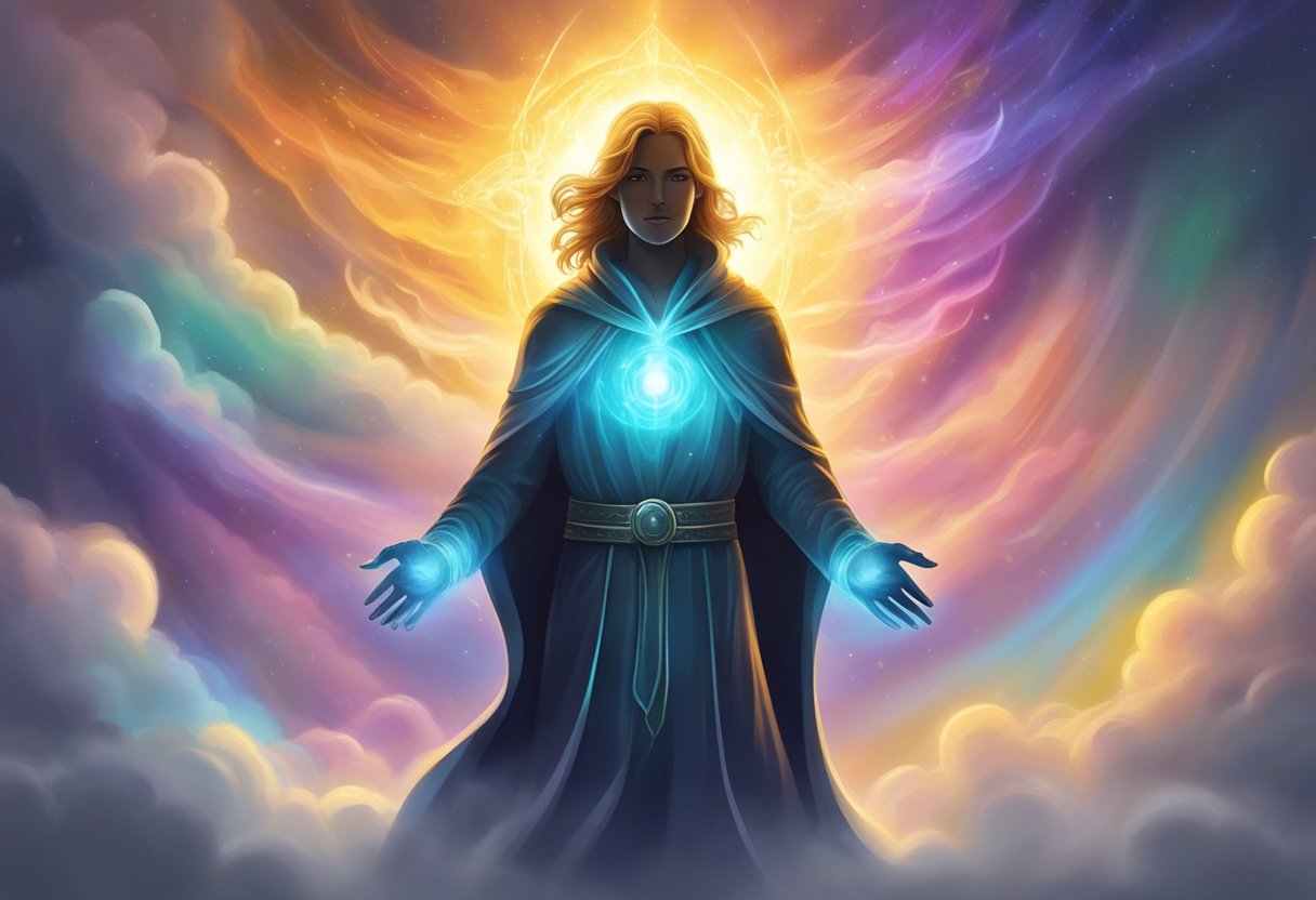 A glowing aura surrounds a figure, dispelling dark clouds and bringing in light and positivity. Symbols of protection and strength hover around, warding off bad luck