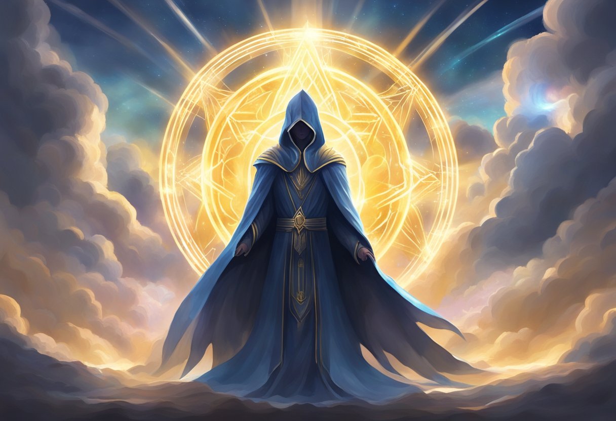 A glowing aura surrounds a figure, casting away dark clouds and symbols of misfortune. Rays of light pierce through, bringing a sense of peace and protection